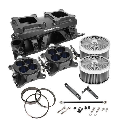 Proflow SB Chev SuperMax EFI Intake Quad Manifold Kit, Fuel Rails, Tunnel Ram, Fabricated Black, 4150 Throttle Body Silver, Kit - PFEM64245-KIT-S PFEM64245-KIT-S