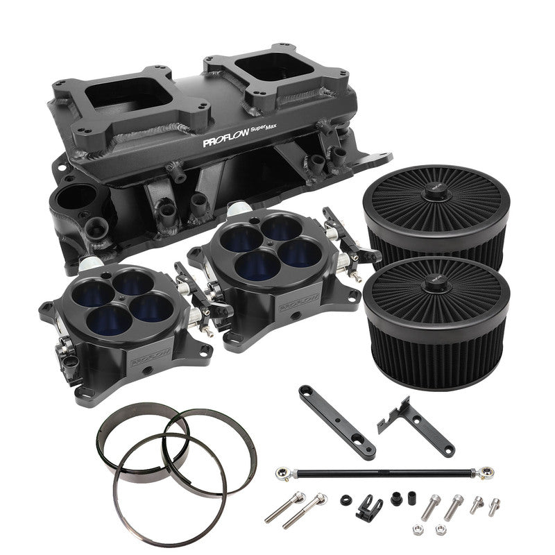 Proflow SB Chev SuperMax EFI Intake Quad Manifold Kit, Fuel Rails, Tunnel Ram, Fabricated Black, 4150 Throttle Body - PFEM64245-KIT PFEM64245-KIT