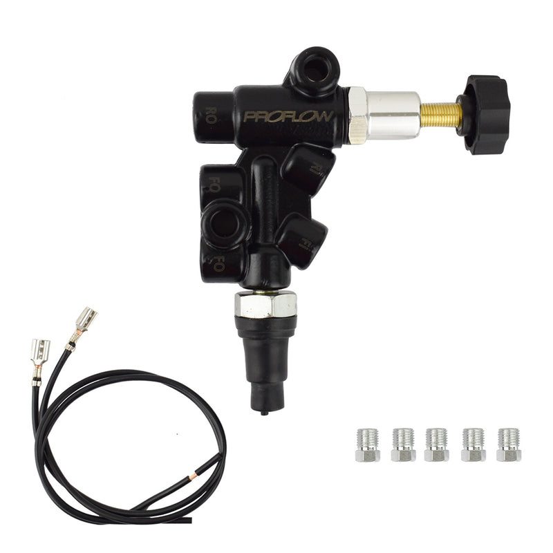 Proflow Brake Proportioning Valve, Adjustable, Knob Adjustment, Two Inlets, Three Outlets, Aluminium, Black - PFEMC11179 PFEMC11179