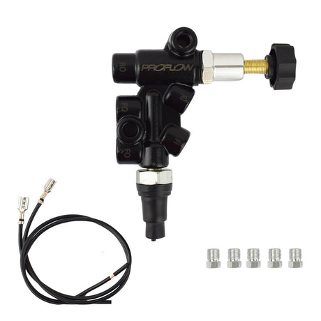Proflow Brake Proportioning Valve, Adjustable, Knob Adjustment, Two Inlets, Three Outlets, Aluminium, Black - PFEMC11179 PFEMC11179
