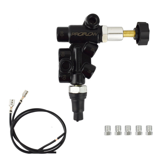 Proflow Brake Proportioning Valve, Adjustable, Knob Adjustment, Two Inlets, Three Outlets, Aluminium, Black - PFEMC11179 PFEMC11179