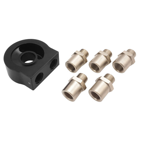 Proflow Universal Oil Sandwich Adaptor, Low Profile, AN10 ORB Ports, 2 x 1/8" NPT, Plugged Ports, With Various Adaptors, Billet Aluminium, Black - PFEOS-OB2020 PFEOS-OB2020