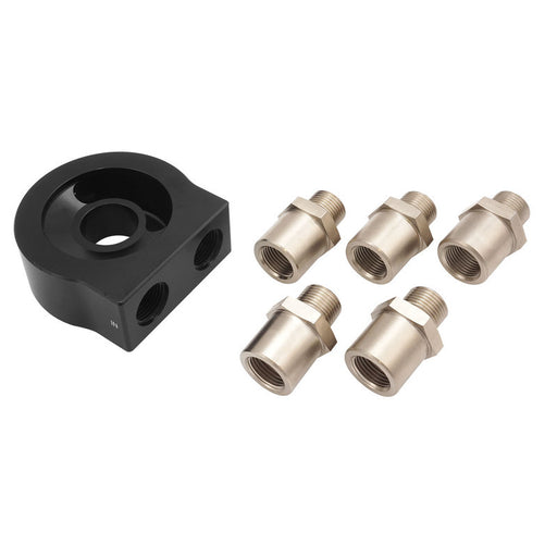 Proflow Universal Oil Sandwich Adaptor, Low Profile, AN10 ORB Ports, 2 x 1/8" NPT, Plugged Ports, With Various Adaptors, Billet Aluminium, Black - PFEOS-OB2020 PFEOS-OB2020