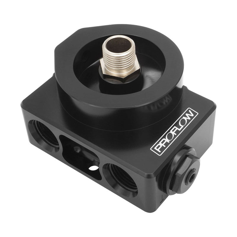 Proflow Remote Universal Filter head, w/Thermostat, -10AN ORB, 2x 1/8'' NPT, 3/4"-16 Thread, Billet Aluminium, Black - PFEOS-OB2040