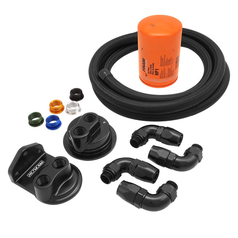 Proflow Billet Remote Universal Filter head, Universal Block Adaptor, Black , Top -08 ORB Ports , 90Deg -08ORB x AN10 Fittings, PFE450R-10 Hose, Kit - PFEOS-OB2080-HP1 PFEOS-OB2080-HP1