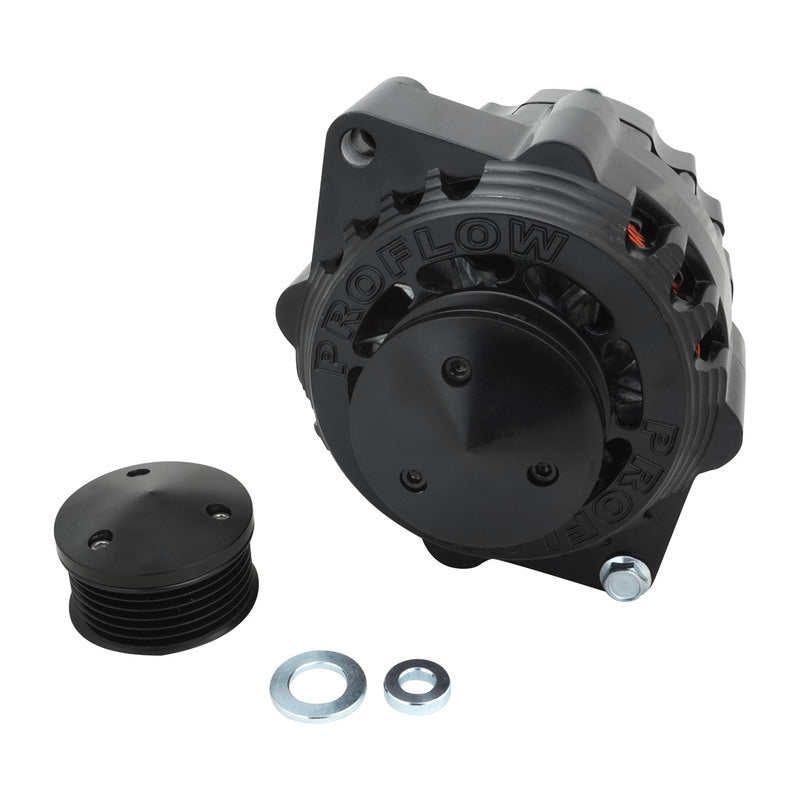 Proflow Alternator Power Spark, Billet Housing, 170 Amp, V-belt & 6-Groove Pulley, Black Anodised, Universal - PFEPM8106BK