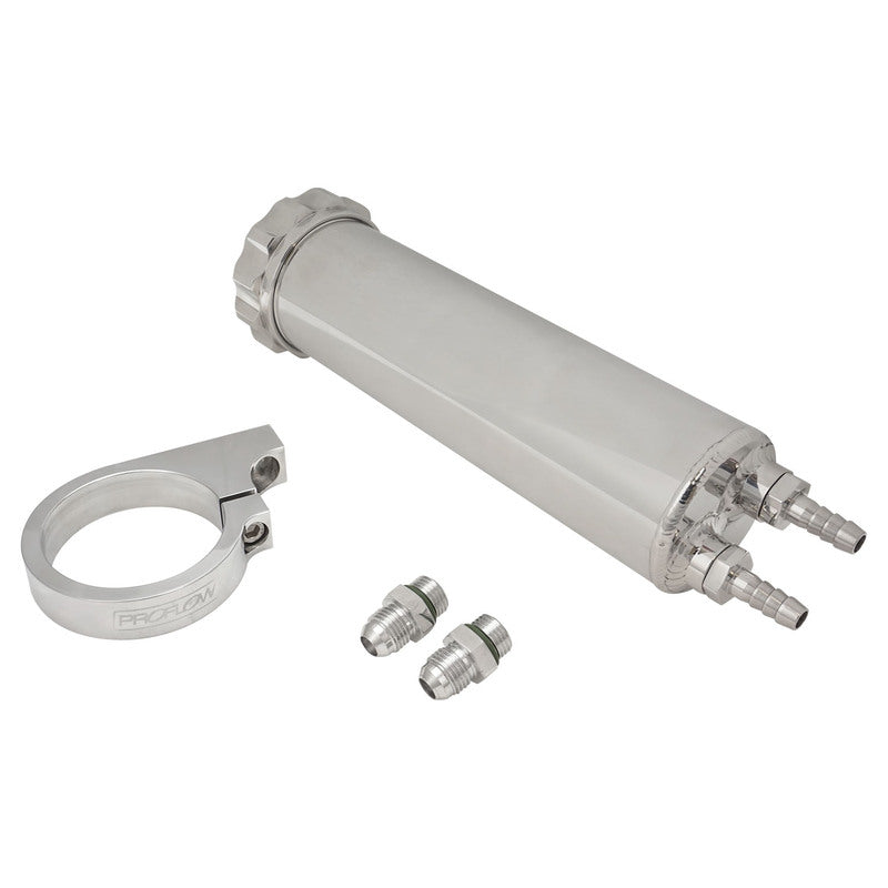 Proflow Radiator Overflow Tank, Billet Aluminium, With bracket, 0.75L, 60mm Dia, 330mm tall, AN Port with Barb Fitting, Polished - PFERO1P