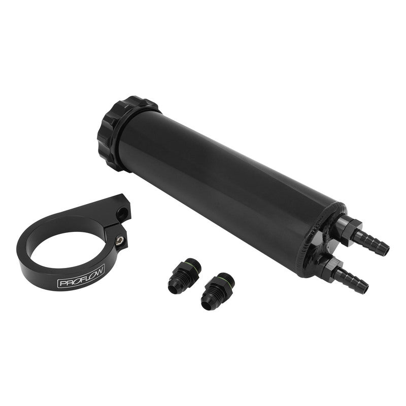 Proflow Radiator Overflow Tank, Billet Aluminium, With bracket, 0.5L, 60mm Dia, 215mm tall, AN Port with Barb Fitting, Black - PFERO3BK