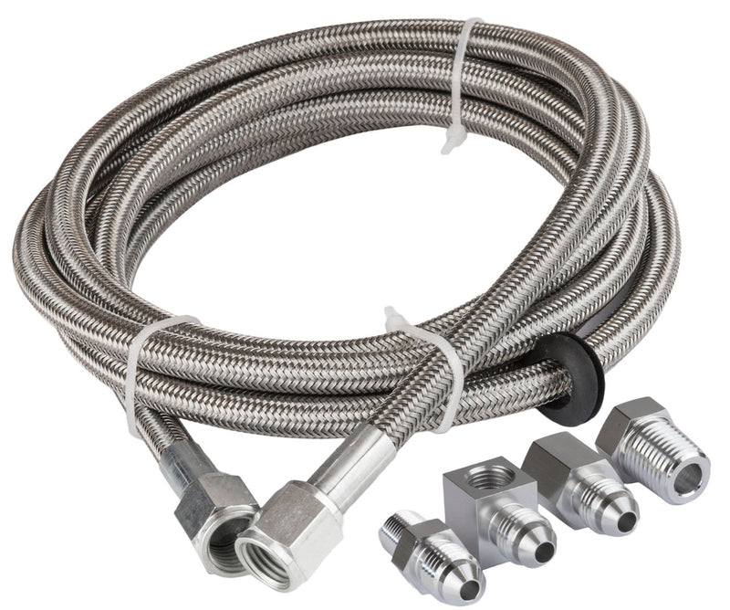 Proflow Oil / Fuel Gauge Stainless Braided Tubing Kit 4ft, Fuel And Oil Gauge Fitting Kit, 1/8 NPT Block Adapter, 4AN Gauge Adapter - PFESSH4-4 PFESSH4-4