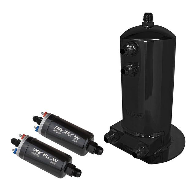 Proflow Fuel Surge Tank & Pump Kit Fabricated Aluminium, 254mm x 108mm, 2.5L, 2x 044 style pumps, Black Anodised - PFEST10BK PFEST10BK