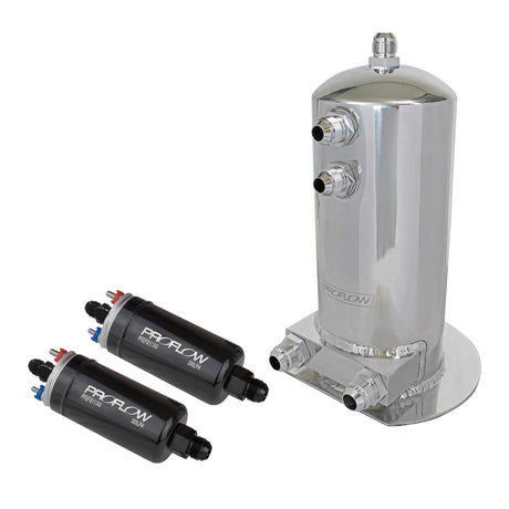Proflow Fuel Surge Tank & Pump Kit Fabricated Aluminium, 254mm x 108mm round 2.5L, 2 x 044 style pumps and AN Fitting Kit, Show Polished - PFEST10 PFEST10