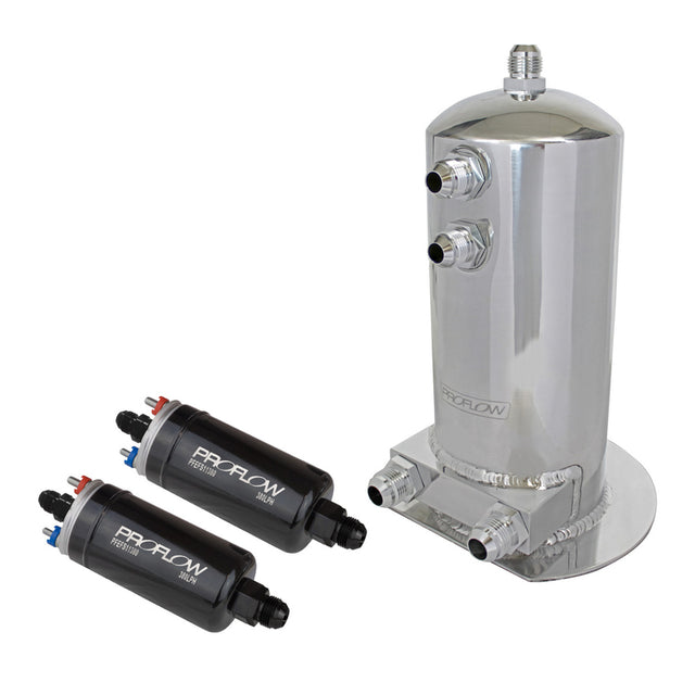 Proflow Fuel Surge Tank & Pump Kit Fabricated Aluminium, 254mm x 108mm round 2.5L, 2 x 044 style pumps and AN Fitting Kit, Show Polished - PFEST10 PFEST10