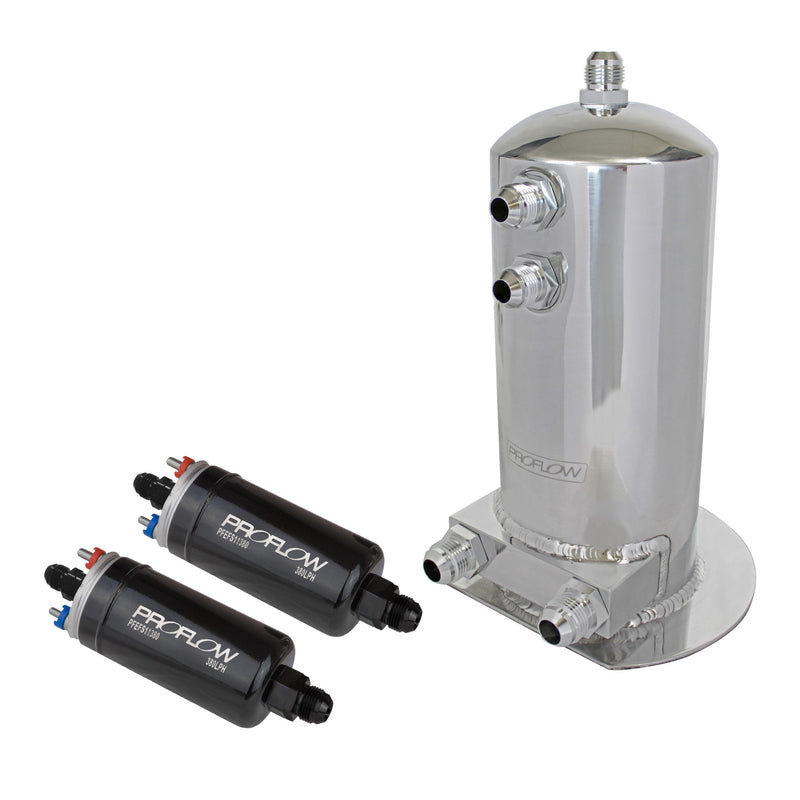 Proflow Fuel Surge Tank & Pump Kit Fabricated Aluminium, 254mm x 108mm round 2.5L, 2 x 044 style pumps and AN Fitting Kit, Show Polished - PFEST10 PFEST10