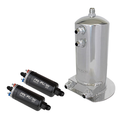 Proflow Fuel Surge Tank & Pump Kit Fabricated Aluminium, 254mm x 108mm round 2.5L, 2 x 044 style pumps and AN Fitting Kit, Show Polished - PFEST10 PFEST10