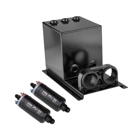 Proflow Fuel Surge Tank & Pump Kit Fabricated Aluminium Square, 2x 044 Pumps, 200mm x 200mm x 180mm, 5L, Black Anodised - PFEST11BK PFEST11BK