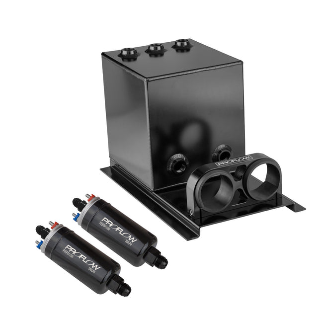 Proflow Fuel Surge Tank & Pump Kit Fabricated Aluminium Square, 2x 044 Pumps, 200mm x 200mm x 180mm, 5L, Black Anodised - PFEST11BK PFEST11BK