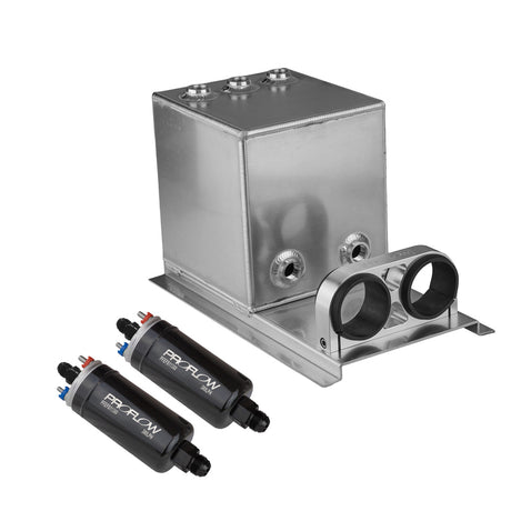 Proflow Fuel Surge Tank & Pump Kit Fabricated Aluminium Square, 2 x 044 Pumps, 200mm x 200mm x 180mm, 5L, Polished - PFEST11 PFEST11