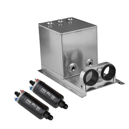 Proflow Fuel Surge Tank & Pump Kit Fabricated Aluminium Square, 2 x 044 Pumps, 200mm x 200mm x 180mm, 5L, Polished - PFEST11 PFEST11