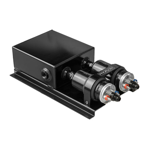 Proflow Fuel Surge Tank & Pump Kit Fabricated Aluminium, Undercar, 2x 044 Pump, 80mm x, 200mm x180mm, 2.5L, Black Anodised - PFEST12BK PFEST12BK