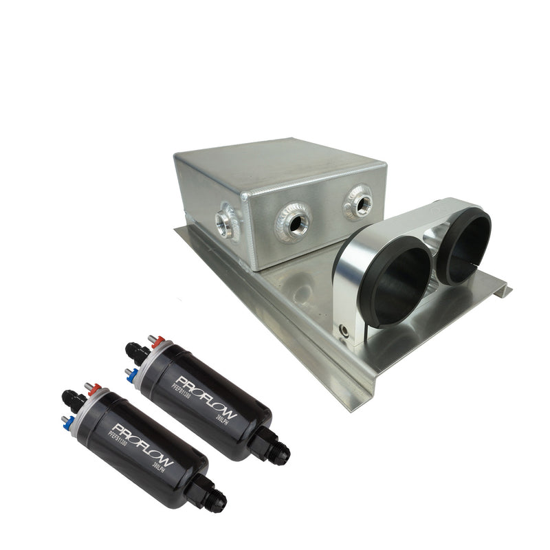 Proflow Fuel Surge Tank & Pump Kit Fabricated Aluminium, Undercar, 2 x 044 Pump, 80mm x, 200mm x 180mm, 2.5L, AN Fitting Kit, Polished - PFEST12 PFEST12
