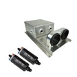 Proflow Fuel Surge Tank & Pump Kit Fabricated Aluminium, Undercar, 2 x 044 Pump, 80mm x, 200mm x 180mm, 2.5L, AN Fitting Kit, Polished - PFEST12 PFEST12