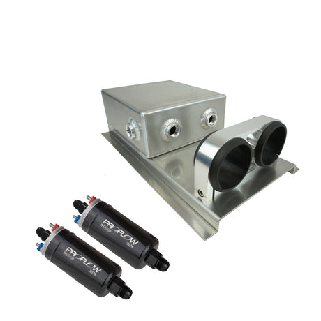 Proflow Fuel Surge Tank & Pump Kit Fabricated Aluminium, Undercar, 2 x 044 Pump, 80mm x, 200mm x 180mm, 2.5L, AN Fitting Kit, Polished - PFEST12 PFEST12