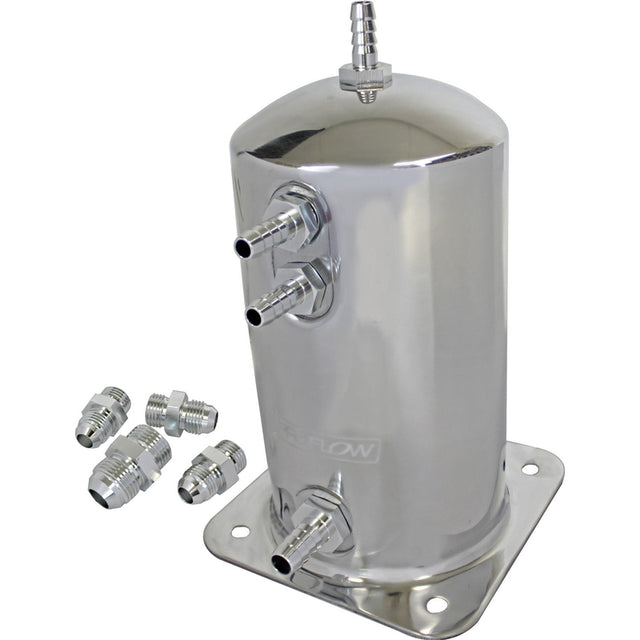 Proflow Fuel Surge Tank Aluminium, 195mm x 108mm Round, 1.5L, Barb & AN Fitting Kit, Show Polished - PFEST1 PFEST1