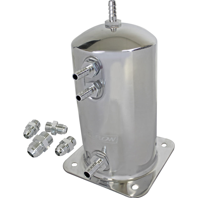 Proflow Fuel Surge Tank Aluminium, 195mm x 108mm Round, 1.5L, Barb & AN Fitting Kit, Show Polished - PFEST1 PFEST1