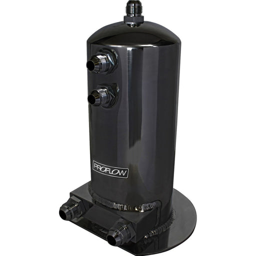 Proflow Fuel Surge Tank Fabricated Aluminium, 254mm x 108mm round, 2.5L, AN Fitting Kit, Black Anodised, Dual Outlets - PFEST4BK PFEST4BK