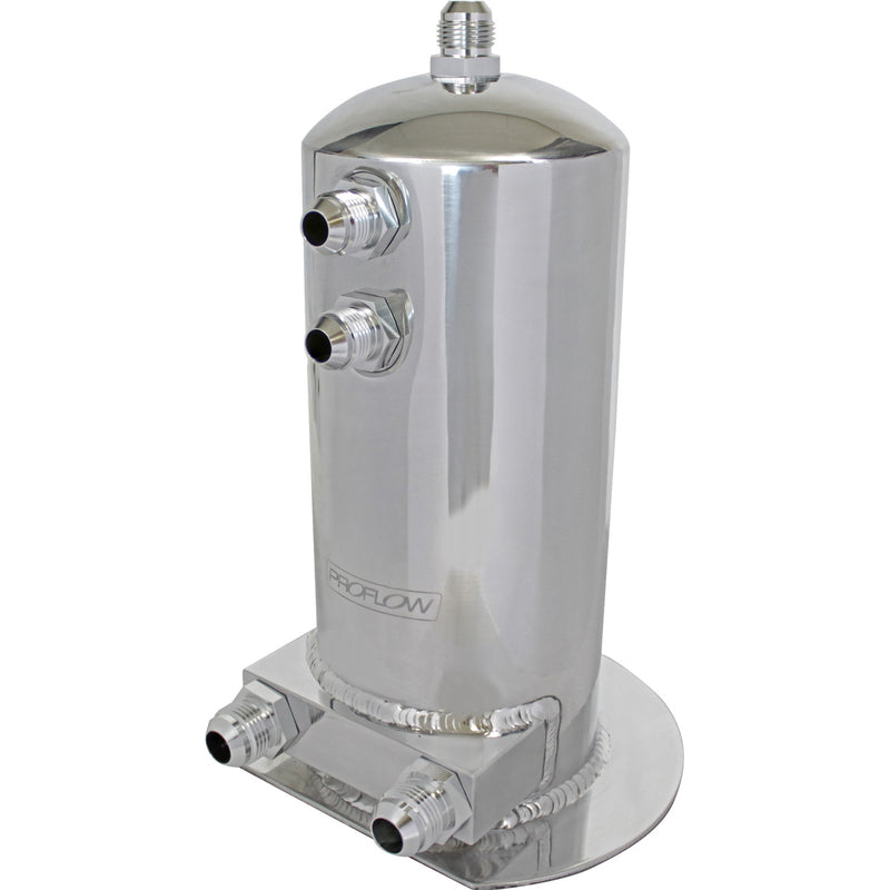 Proflow Fuel Surge Tank Fabricated Aluminium, 254mm x 108mm round, 2.5L, AN Fitting Kit, Polished, Dual Outlets - PFEST4 PFEST4