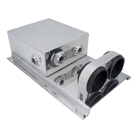 Proflow Fuel Surge Tank Fabricated Aluminium, Square Slim, 044 Pump Mounts, 80mm x, 200mm x 180mm, 2.5L, AN Fitting Kit, Polished - PFEST7 PFEST7