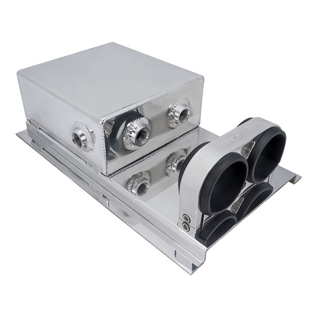 Proflow Fuel Surge Tank Fabricated Aluminium, Square Slim, 044 Pump Mounts, 80mm x, 200mm x 180mm, 2.5L, AN Fitting Kit, Polished - PFEST7 PFEST7