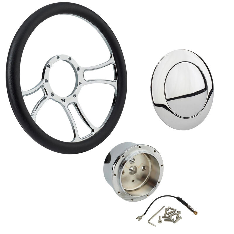 Proflow Billet 3 Slot Curved Spoke Steering Wheel,14'' Chrome/Black Leather, Universal Fit, Steering Wheel ,Adaptor, Horn Button, 2 inch Dish, Kit - PFESTW-KIT3 PFESTW-KIT3