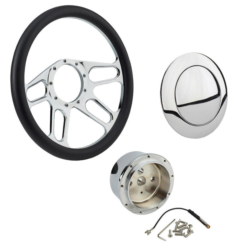 Proflow Billet 4 Slot Steering Wheel,14'' Chrome/Black Leather, Universal Fit, Steering Wheel ,Adaptor, Horn Button, 2 inch Dish, Kit - PFESTW-KIT4 PFESTW-KIT4