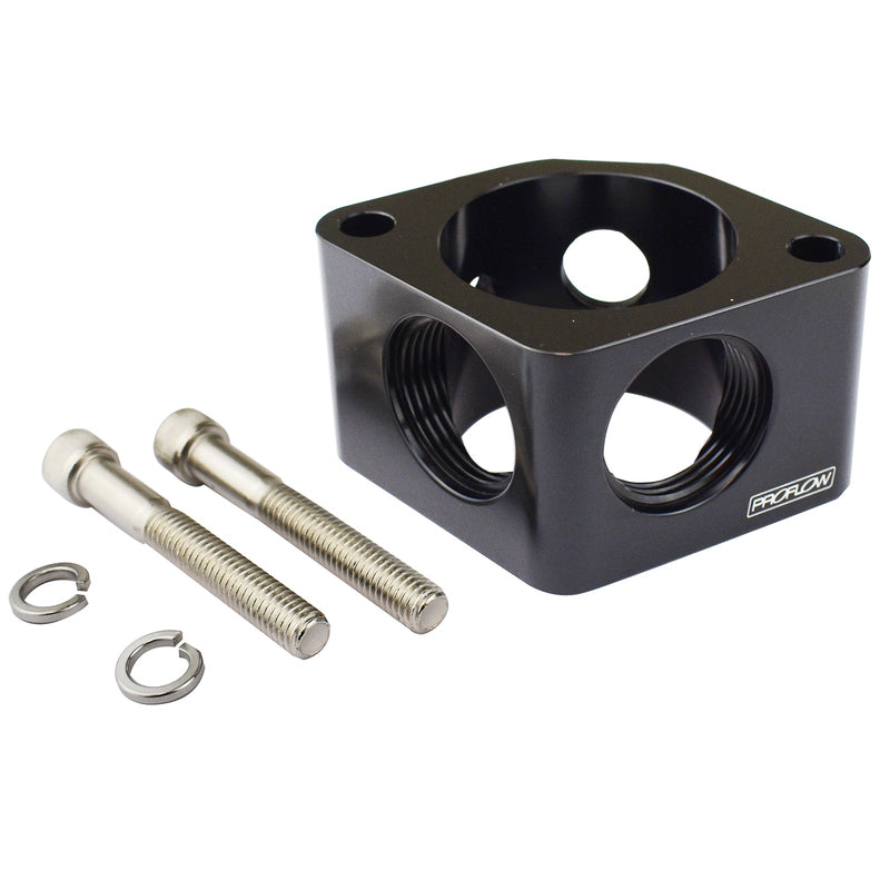 Proflow Water Neck Spacer 2, Billet Aluminium, Black, 2 x AN16 outlets, 2 x 1/8in. NTP Ports, For Chevrolet - PFETH-63421BK PFETH-63421BK
