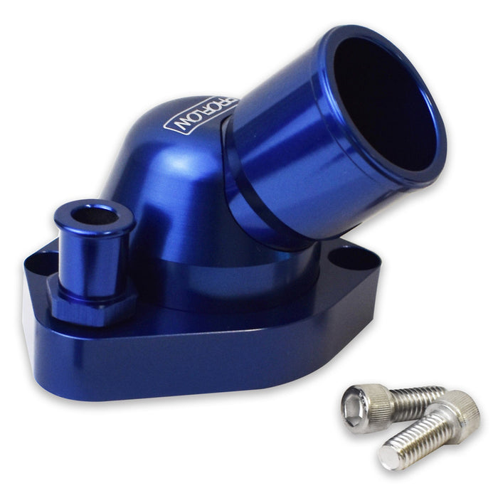 Proflow Water Neck, Billet Aluminium, Swivel Blue Anodised, 45 Degree, SB For Ford 289-351W - PFETH-804BL