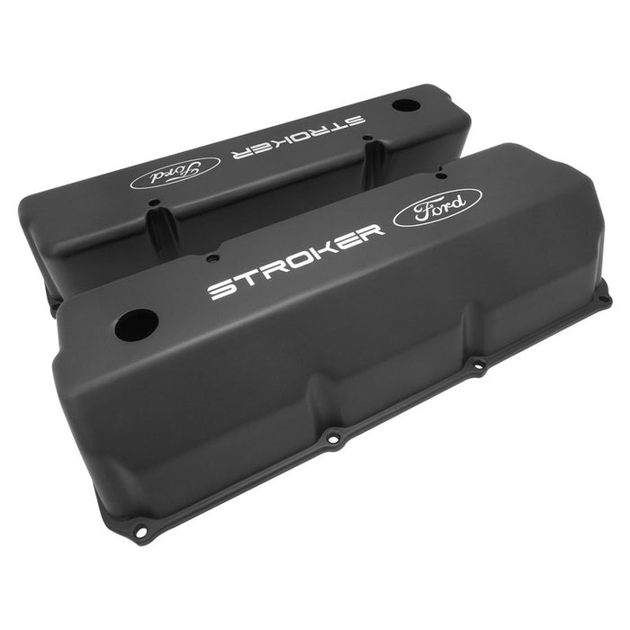 Proflow Valve Covers, Tall Cast Aluminium, Black, Stroker Ford Logo, Small Block For Ford 302, 351C, Pair - PFEVC-510-ST