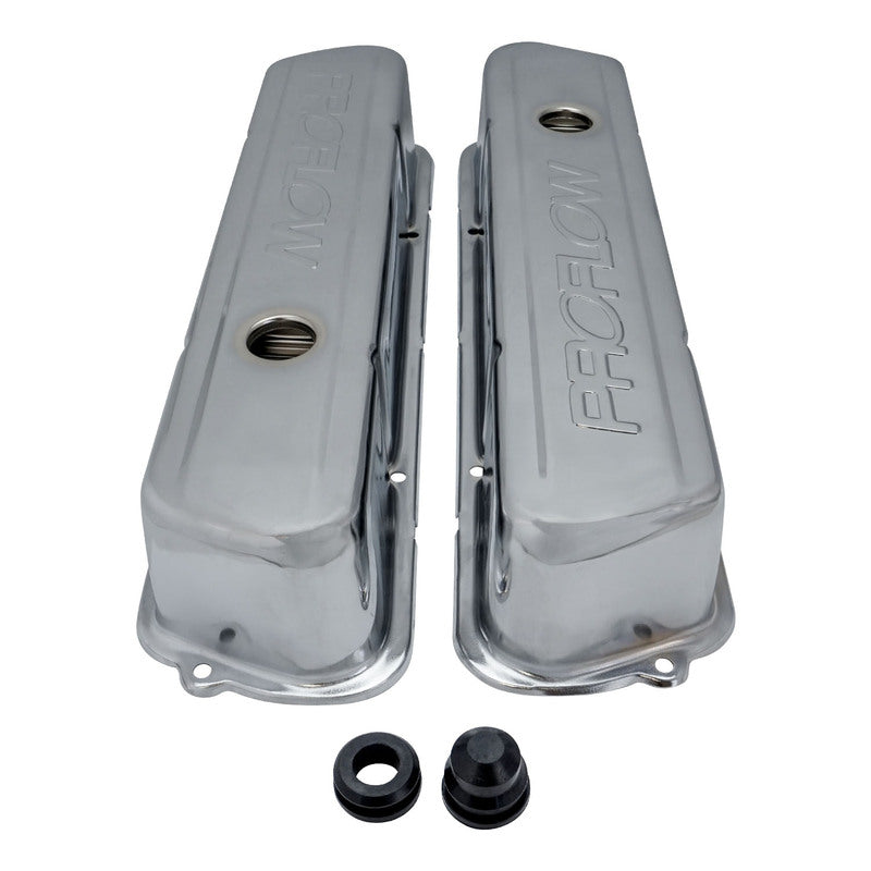 Proflow Valve Covers Steel, Tall, Chrome For Holden Commodore, 253, 308, Proflow Logo, Pair - PFEVC-935