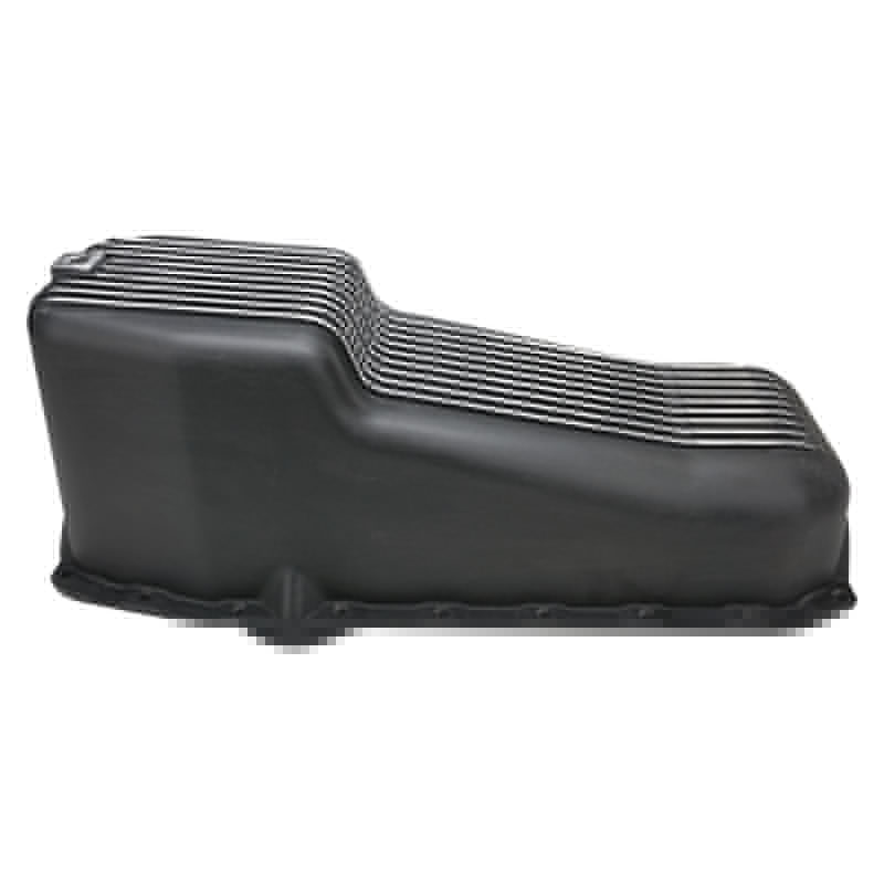 RTS Oil Pan, Cast Aluminum, Machined Finned, Black 4 qt, 1958-79 SB Chev L/H Side Dip Stick, 2 Piece Rear Main, - RTS-25-8442BK