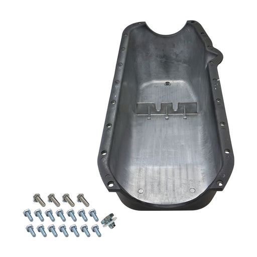 RTS Oil Pan, Cast Aluminum, Machined Finned, Black 4 qt, 1958-79 SB Chev L/H Side Dip Stick, 2 Piece Rear Main, - RTS-25-8442BK