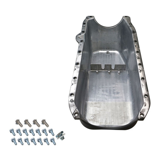 RTS Oil Pan, Cast Aluminum, Machined Finned, Black 4 qt, 1986-2002 SB Chev, R/H Side Dip Stick,1 Piece Rear Main, - RTS-25-8444BK