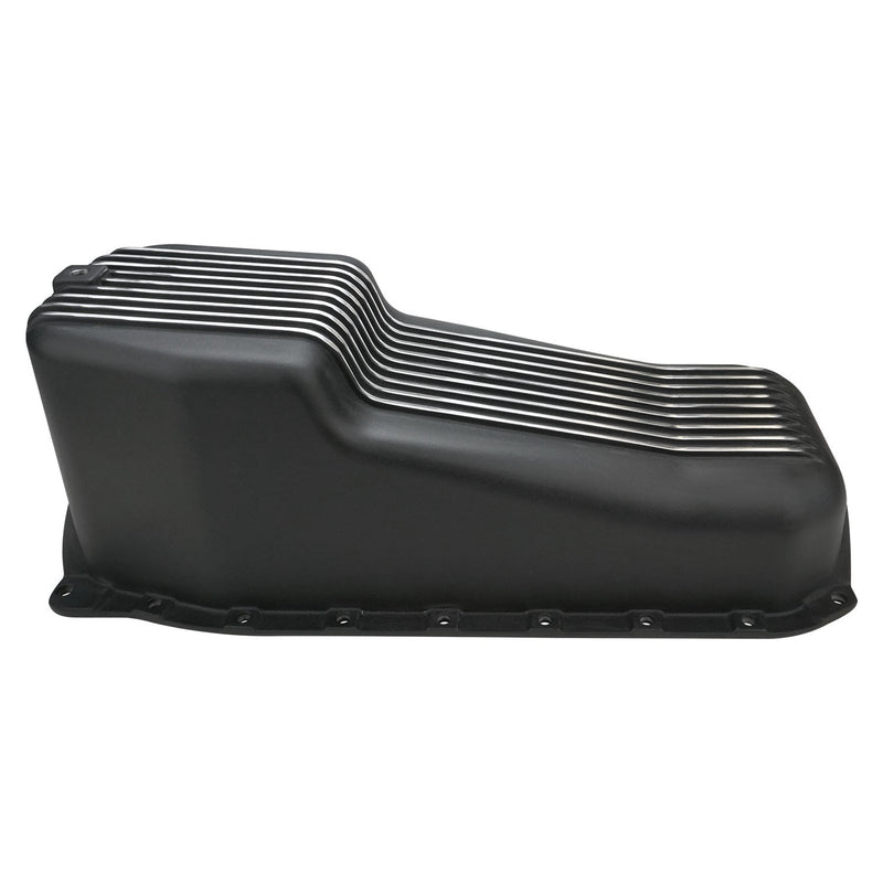 RTS Oil Pan, Cast Aluminum, Machined Finned, Black 4 qt, 1986-2002 SB Chev, R/H Side Dip Stick,1 Piece Rear Main, - RTS-25-8444BK