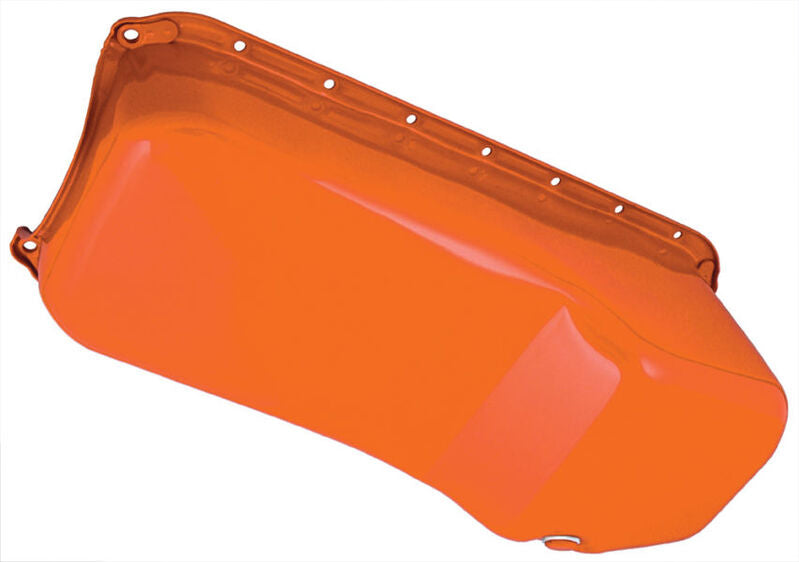 RTS Oil Pan Sump, Steel, OEM Style Chev Orange, SB Chev, 2-Piece Rear Main, Passanger Side Dipstick, Each - RTS-25-9005OR RTS-25-9005OR