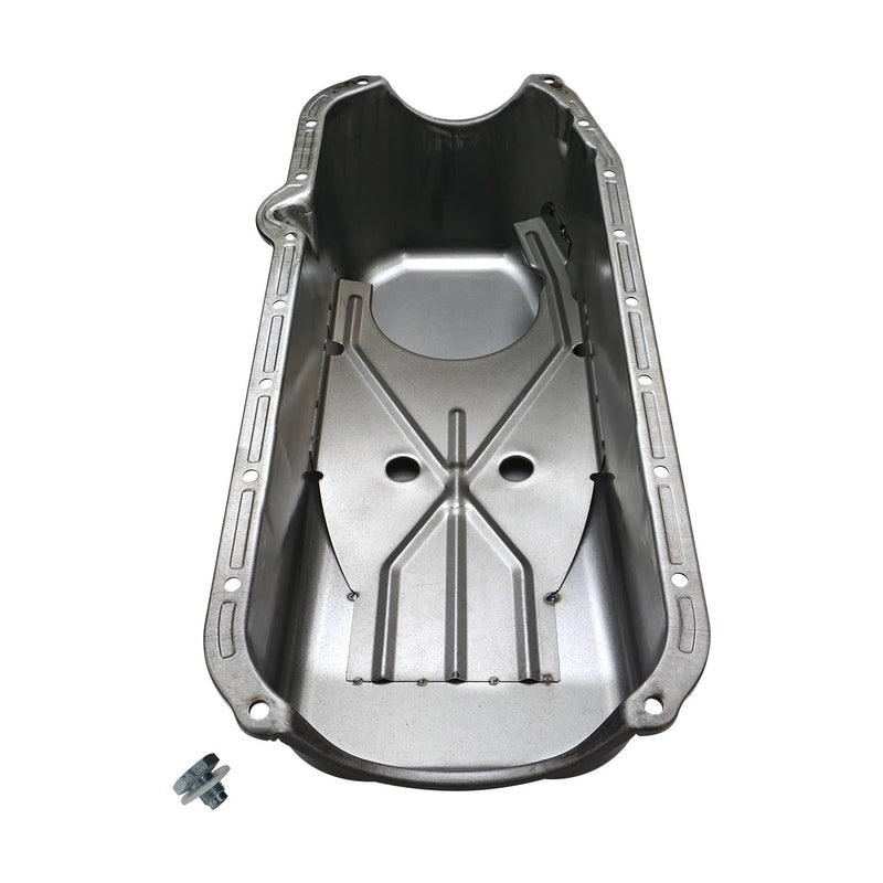 RTS Oil Pan Sump, Steel, Black Finish, Replacement, SB Chev Holden, 2-Piece Rear main, Driver Side Dipstick, Each - RTS-25-9092BK