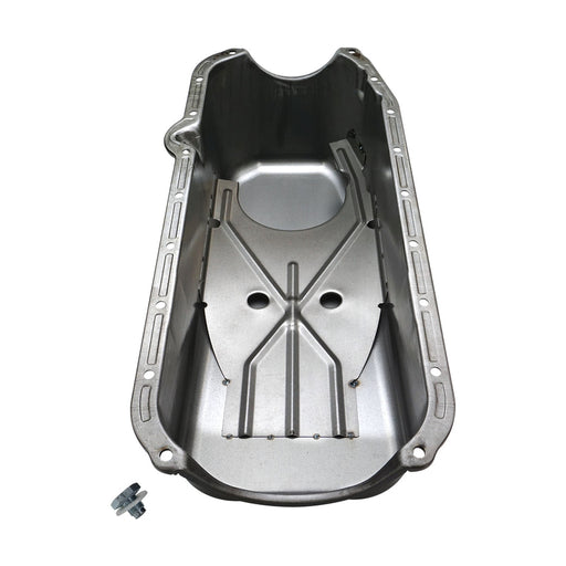 RTS Oil Pan Sump, Steel, Black Finish, Replacement, SB Chev Holden, 2-Piece Rear main, Driver Side Dipstick, Each - RTS-25-9092BK