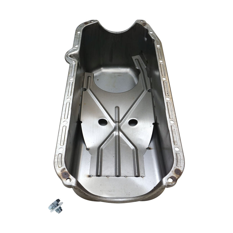 RTS Oil Pan Sump, Steel, Raw Finish, Replacement, SB Chev Holden, 2-Piece Rear main, Driver Side Dipstick, Each - RTS-25-9092U