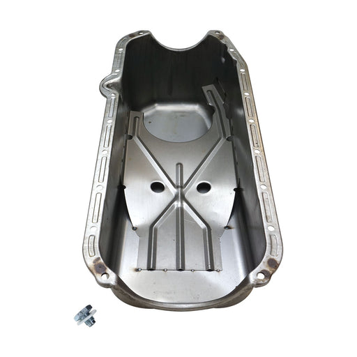 RTS Oil Pan Sump, Steel, Raw Finish, Replacement, SB Chev Holden, 2-Piece Rear main, Driver Side Dipstick, Each - RTS-25-9092U