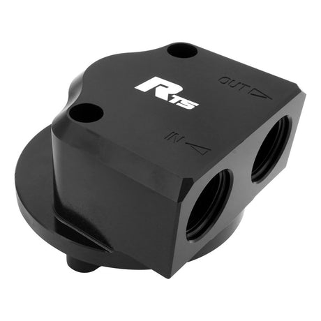 RTS Oil Filter Bypass Adapter, For Chevrolet SB & BB, 13/16''-16, 90 Deg AN12 ORB Ports, Billet Aluminium, Black - RTS-OB3328 RTS-OB3328