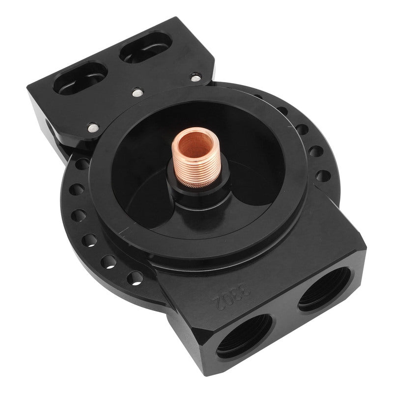 RTS Remote Oil Filter Head, 13/16''-16 Thread, AN12 ORB Ports, Adjustable Bracket, Billet Aluminium, Black - RTS-OM3302
