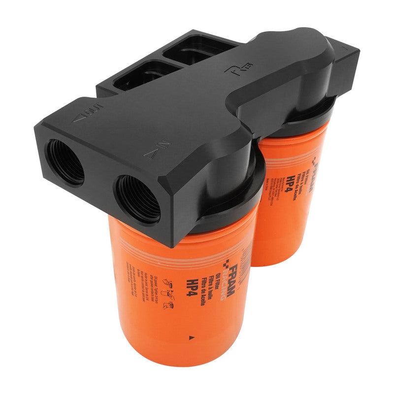 RTS Remote Oil Filter Head, With FRAM HP4 Filters, 13/16''-16 Thread, Dual Filters, AN12 ORB Ports, Billet Aluminium, Black - RTS-OM3313-FRA RTS-OM3313-FRA